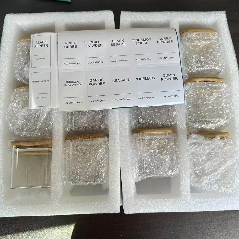 Set de Pots à Épices en Verre – Couvercles en Bambou & Étiquettes Incluses