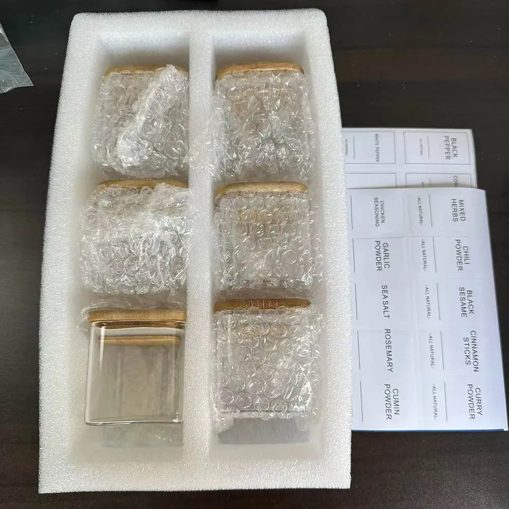 Set de Pots à Épices en Verre – Couvercles en Bambou & Étiquettes Incluses